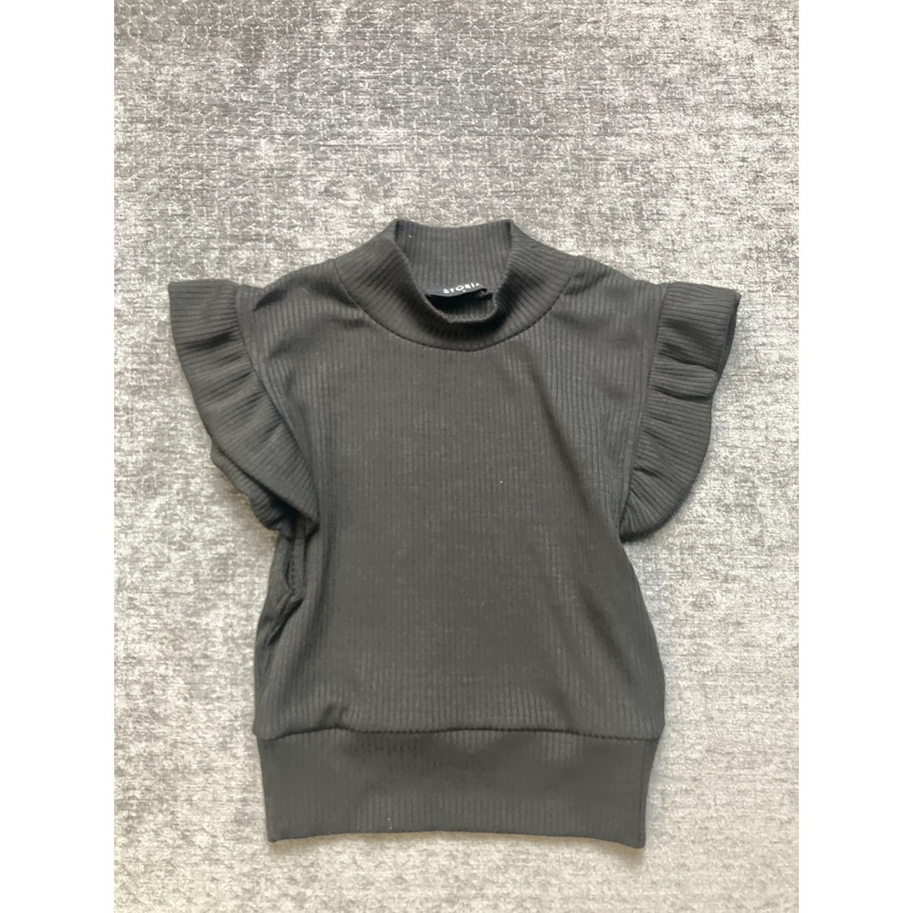 Storia Cropped Top Women Small Black Ribbed Knit Flutter Sleeve Mock Neck Casual